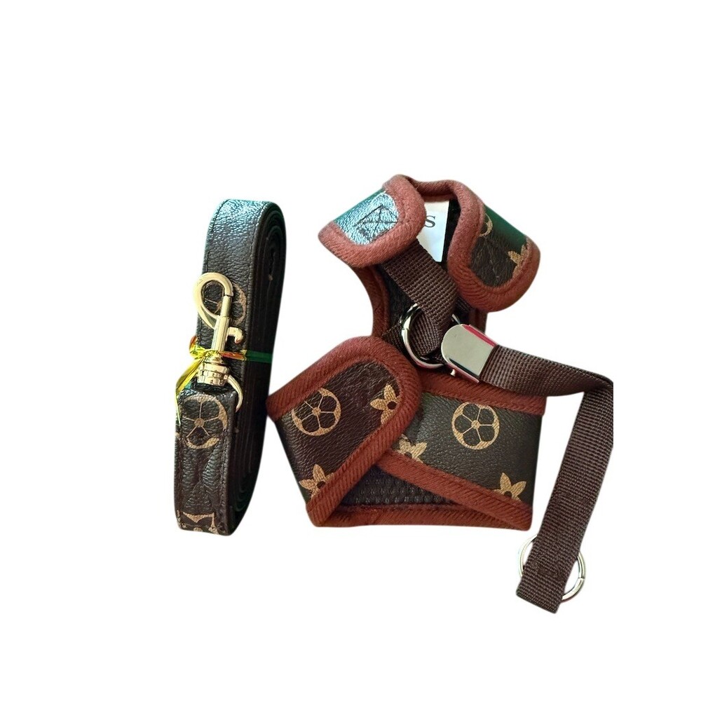 Brown Monogram Dog/Cat Strap Harness & Leash Set Size S Adjustable 2pc - Picture 3 of 3